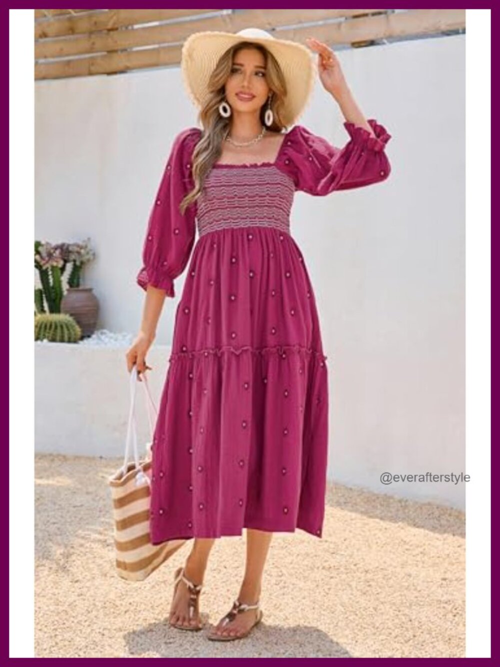 Cotton Floral Embroidered Boho Midi Dress with Pockets - Picture 4 of 6